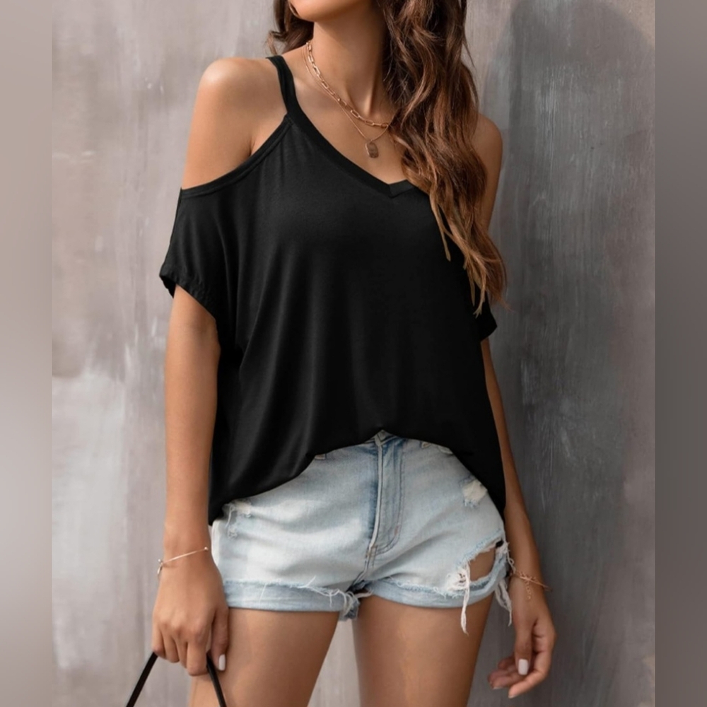Womens Small Soft Stretchy All Black Off The Shoulder T-Shirt Top